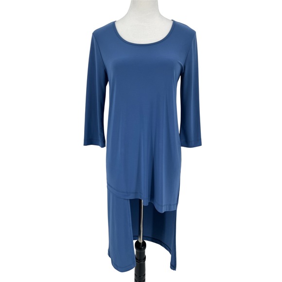 Compli K Asymmetrical Tunic Small Blue 3/4 Sleeve Stretch Travel Knit Hi Low - Picture 1 of 10